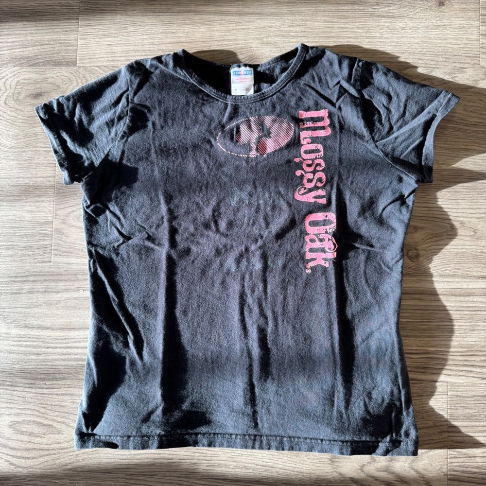 Vintage Y2K Mossy Oak Jerzees Black Pink Glitter Graphic T-Shirt XL Women